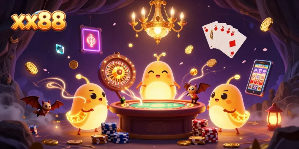Engage with xx88's vibrant casino scene featuring glowworms, coins, and a bat dealer.
