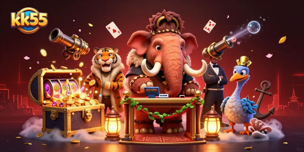 Exciting gaming scene featuring kk55 characters enjoying a vibrant casino atmosphere with slots and treasures