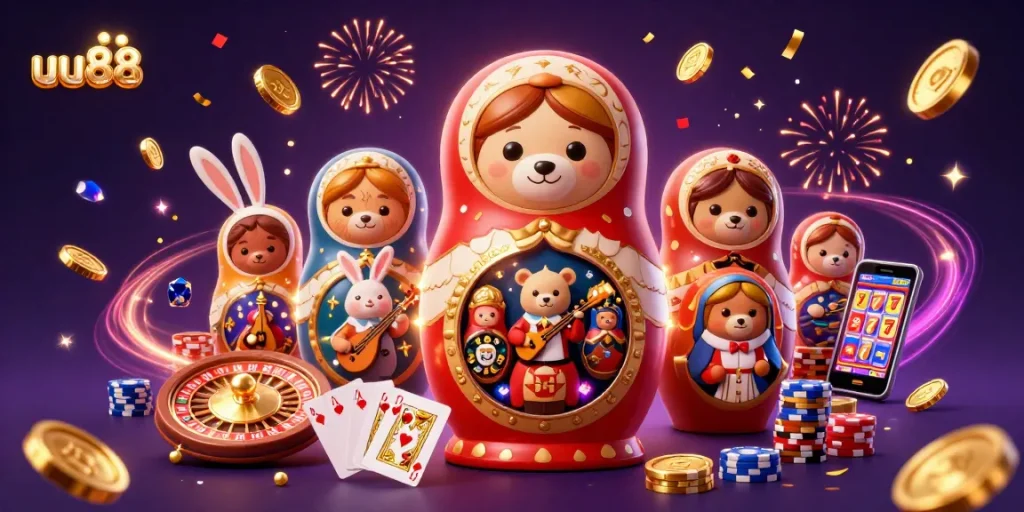 Experience thrilling games at uu88 with vibrant bears and glowing casino elements.