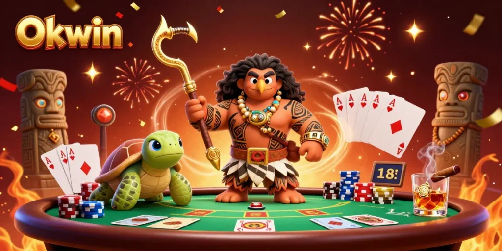 Experience thrilling poker gameplay with Okwin's vibrant 3D scene of demigod characters and dynamic casino elements.