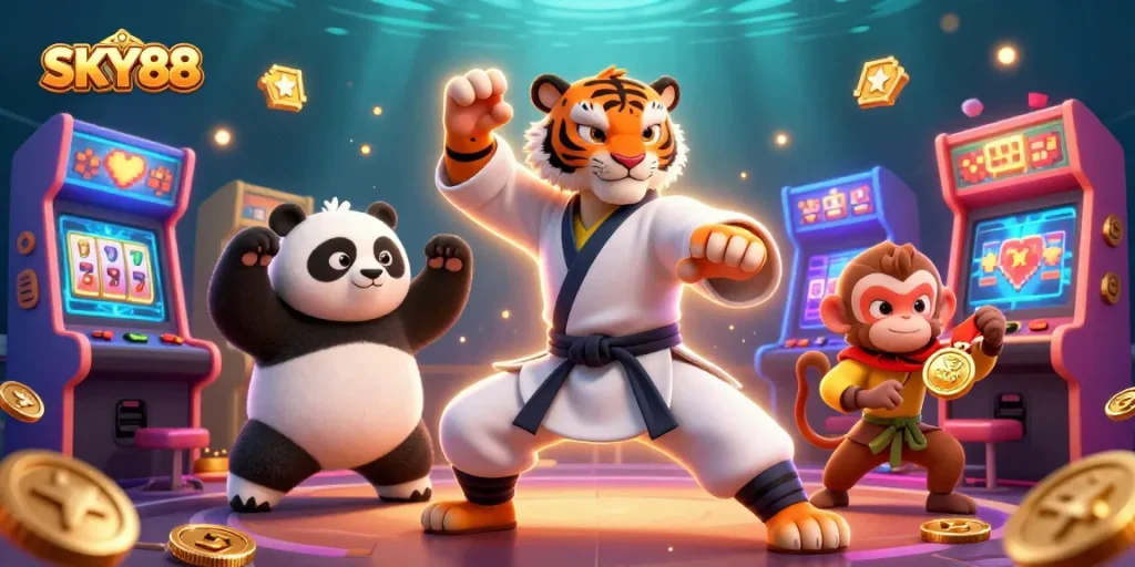 Experience thrilling game action at SKY88 with vibrant casino characters and colorful elements.