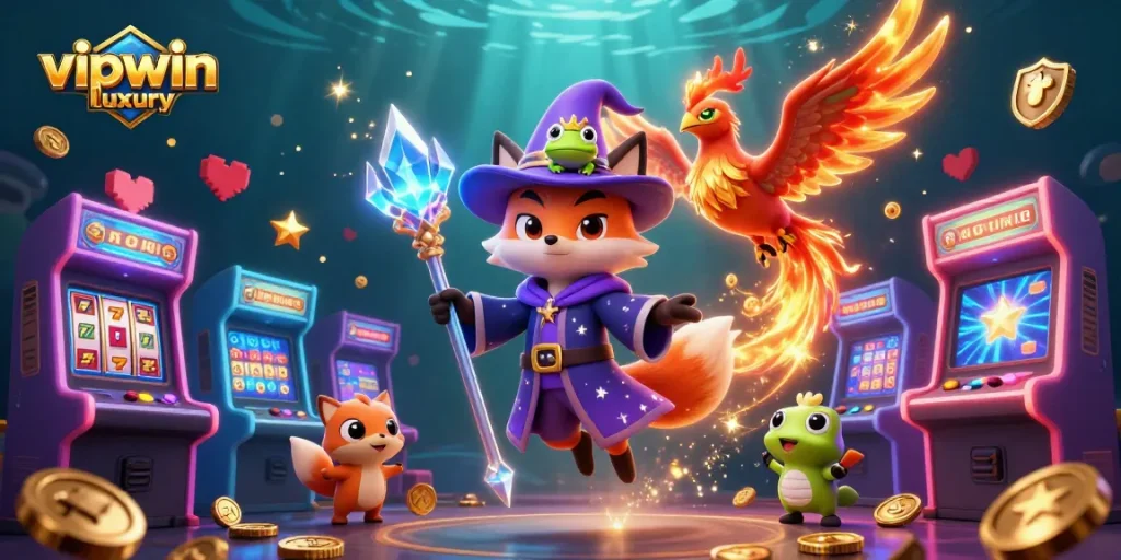 Experience winning at vipwin luxury with a magical 3D illustration of casino adventures featuring dynamic characters.