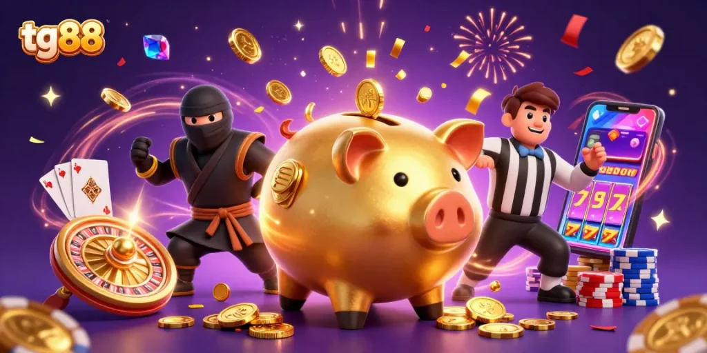 Experience thrilling wins at tg88 with dynamic characters rolling in golden coins and casino excitement.
