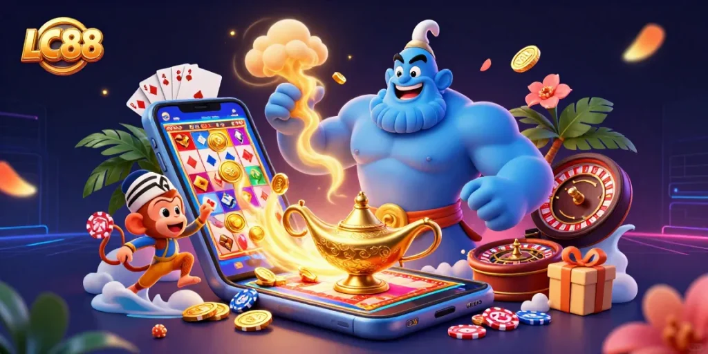 Experience thrilling gameplay at LC88 with enchanting elements of casino entertainment, showcasing vibrant symbols and action.