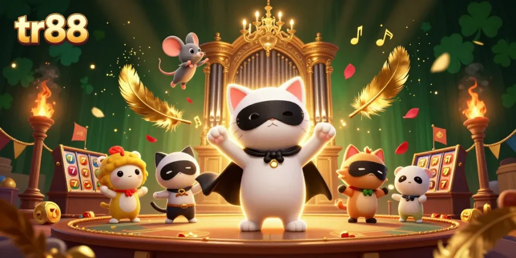 Experience the thrill of gaming at TR88 with a lively scene showcasing a masked cat at a casino organ, emphasizing slots and excitement.