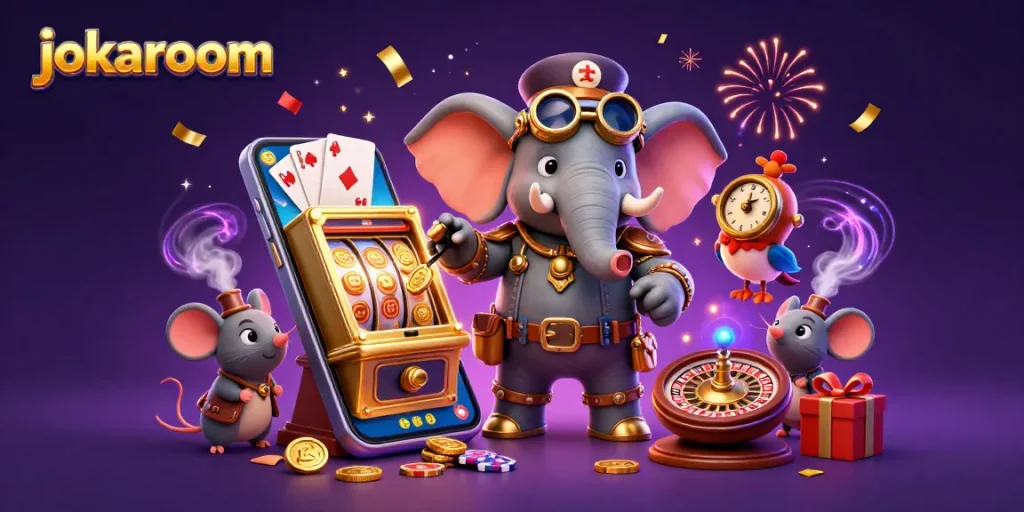 Experience thrilling pokies action with jokaroom's vibrant 3D casino illustration featuring characters and gaming elements.