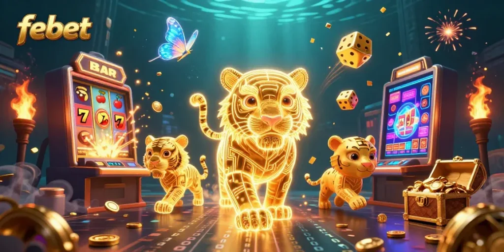 Experience thrilling wins at febet's vibrant casino with 3D golden tiger amidst dynamic game action.