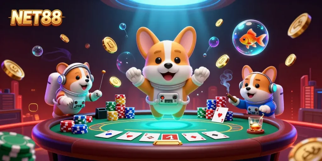 NET88 space casino scene with a corgi, hamster, goldfish, poker elements, and floating coins.
