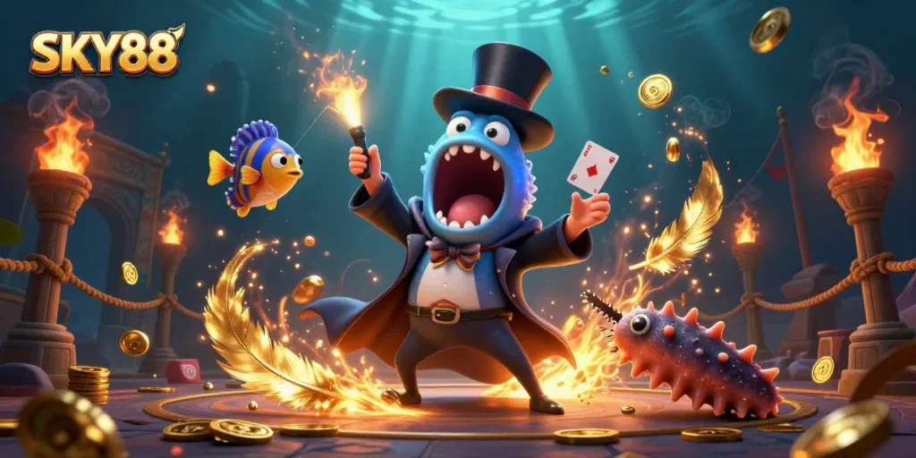 Experience SKY88's thrilling card tricks with bioluminescent sea creatures in a vibrant casino setting.
