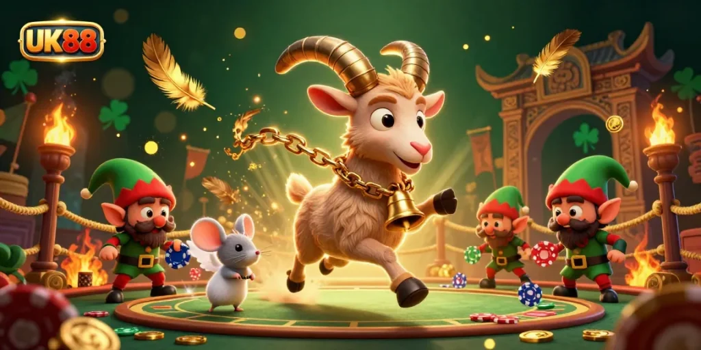 Experience the thrill of UK88's vibrant casino scene featuring playful characters stealing poker chips amidst excitement and fantasy.