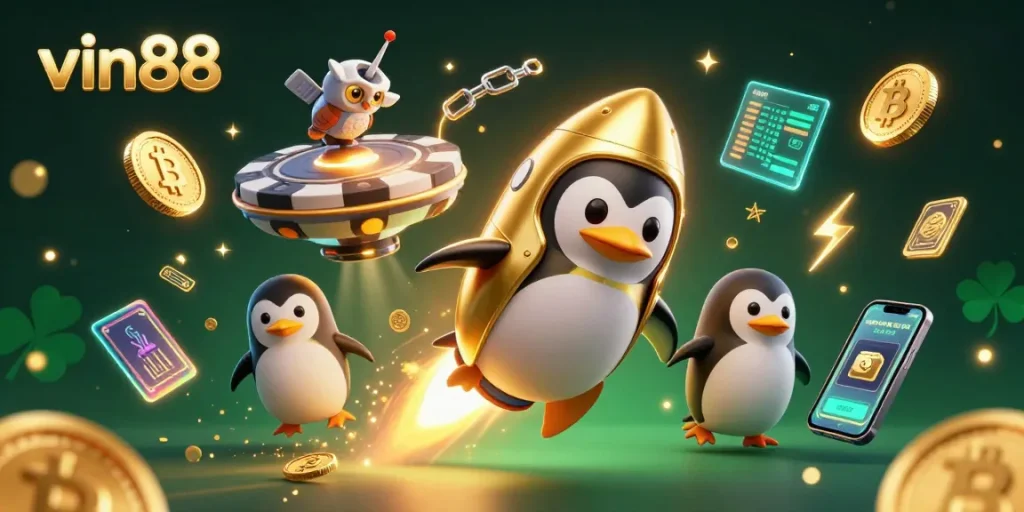 Experience thrilling wins at vin88 with a dynamic 3D cartoon scene illustrating a golden penguin in space.