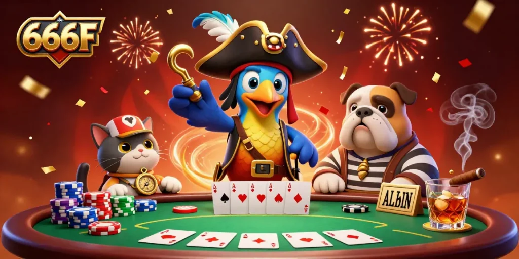 Experience thrilling gaming with 666F featuring colorful poker chips and festive elements in a vibrant illustration.