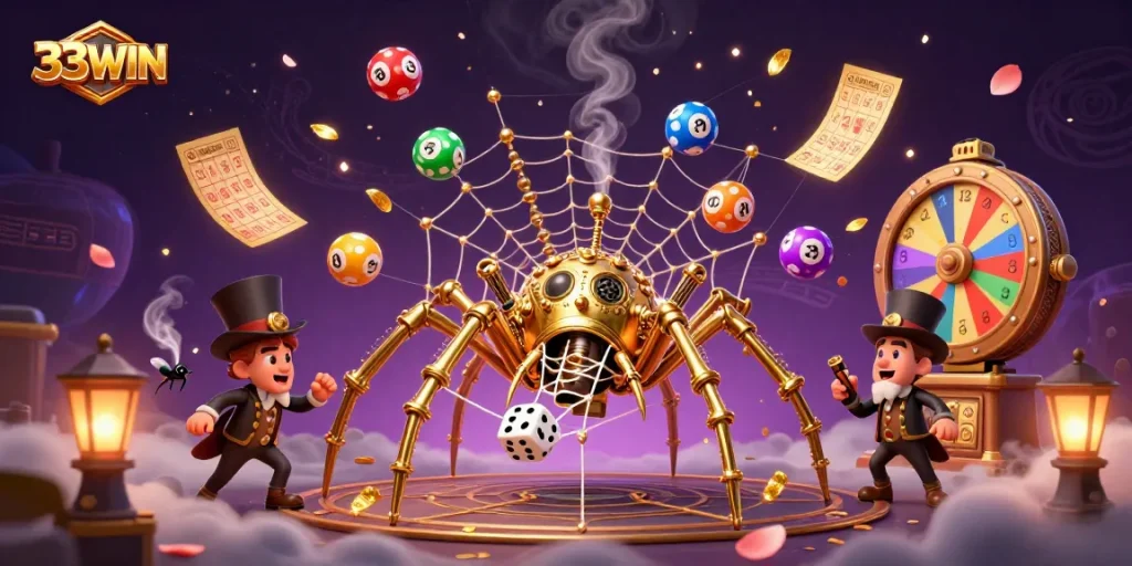 Engage your luck at 33WIN with a vibrant steampunk casino scene, showcasing games and exciting prizes.