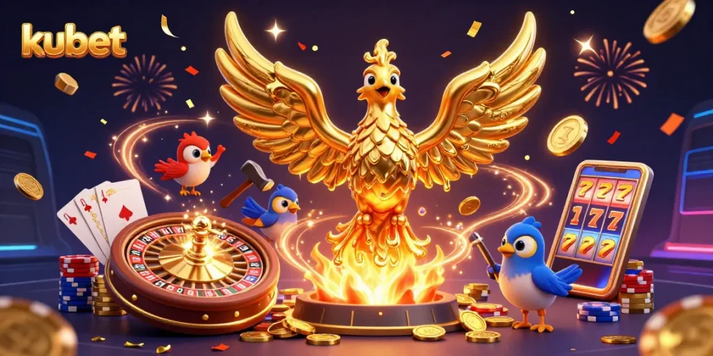 Experience kubet with bold winnings as the golden phoenix rises amidst cascading coins and casino delights.