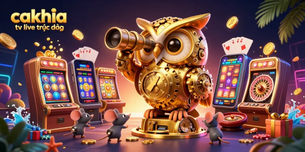 Cakhia tv live trực tiếp features dynamic gaming elements and characters on a captivating casino scene.