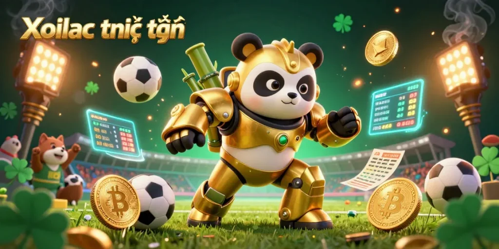 Xoilac trực tuyến brings the excitement of sports betting to life with dynamic football elements and glowing crypto coins.
