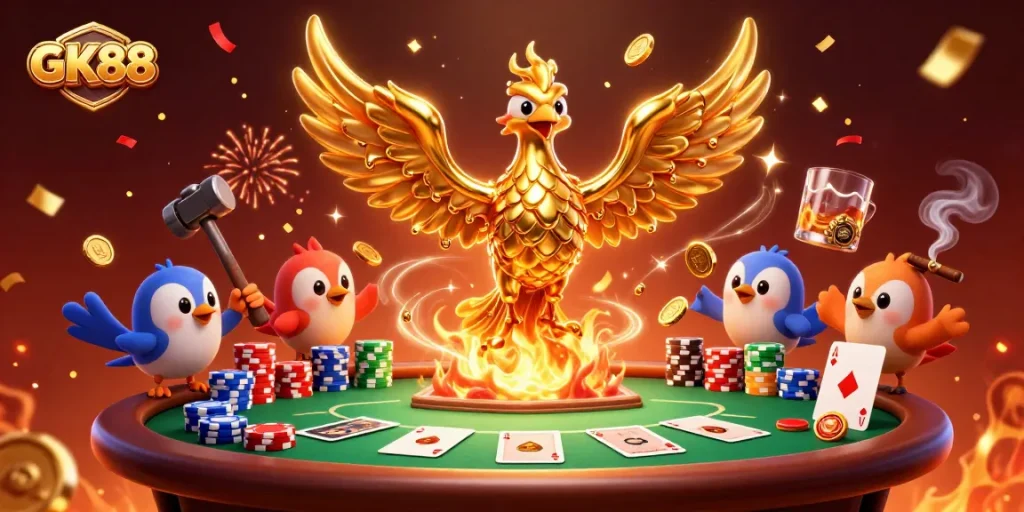 Experience GK88 excitement with molten metal phoenix and poker elements in a vibrant casino scene.