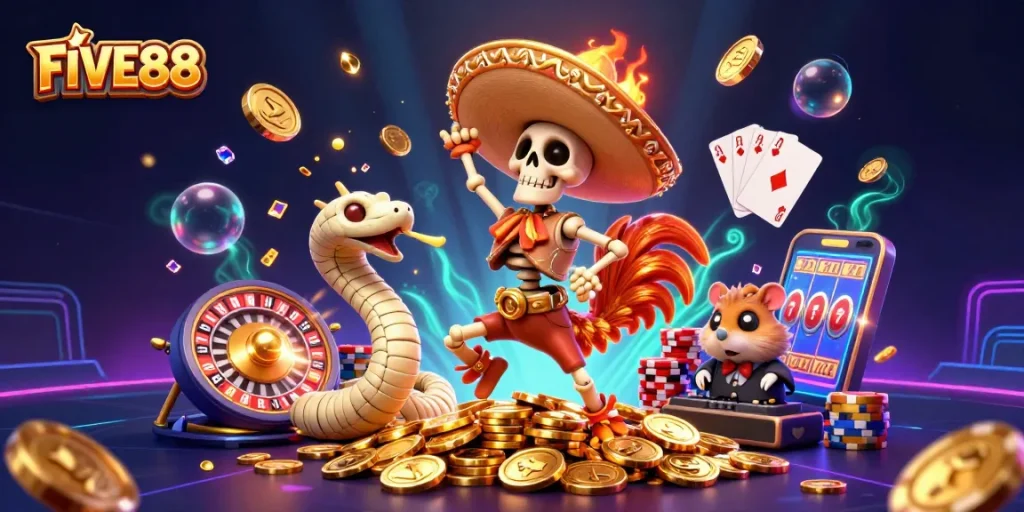 Experience winning at FIVE88 with vibrant casino characters and exciting game elements in this 3D illustration.