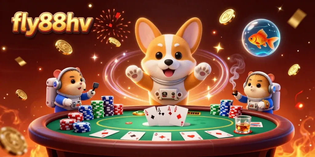 Join the fun at fly88hv with a vibrant casino scene featuring characters and game elements.