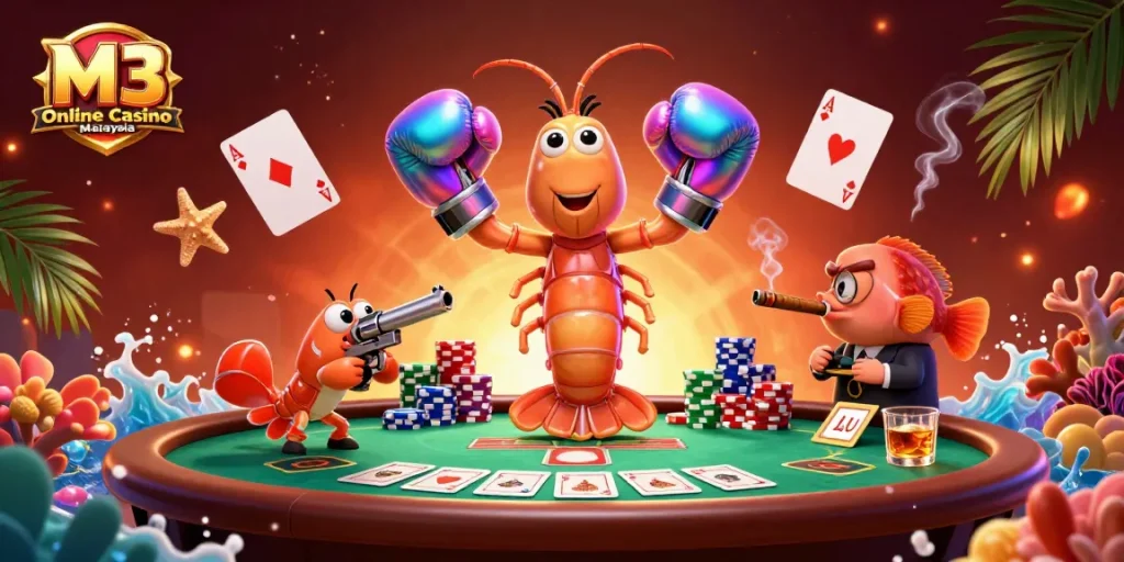Engage in thrilling games at M3 Online Casino Malaysia with vibrant poker action and energetic characters.