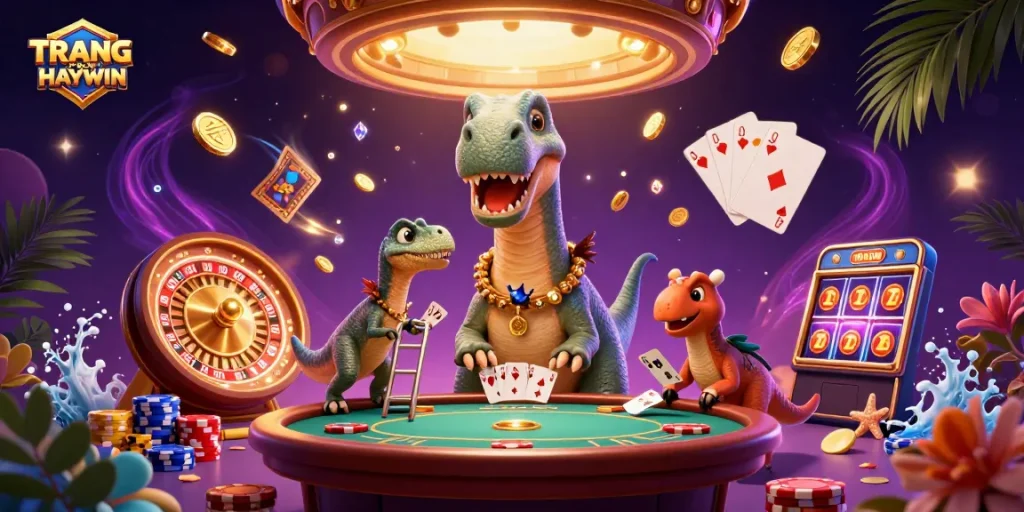 Engaging TRANG CHỦ HAYWIN scene showcasing a giant dinosaur and clever dealer at a vibrant casino table.