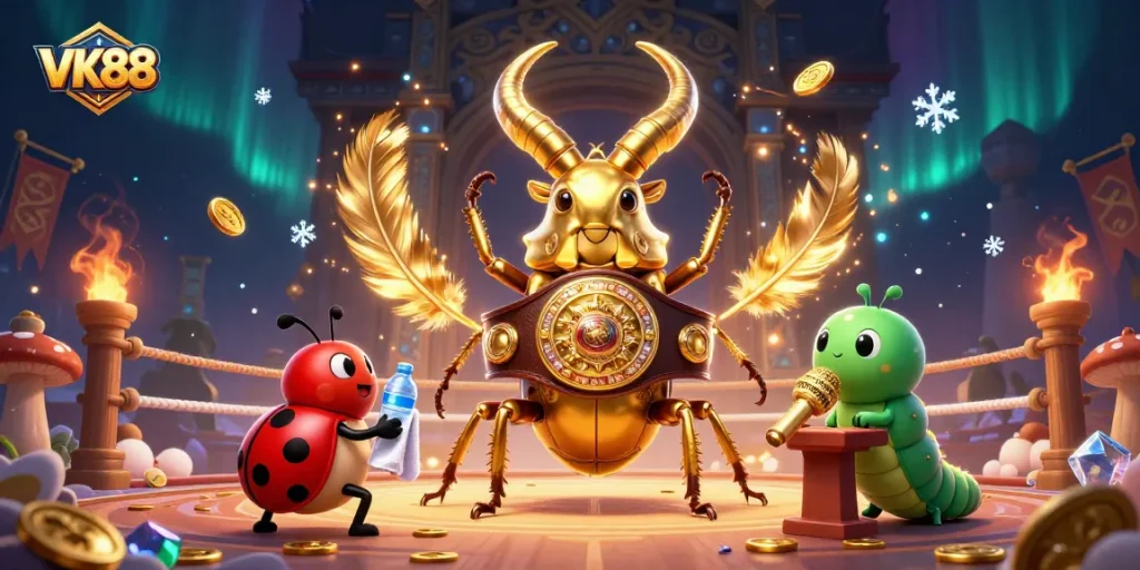 Engage in thrilling gameplay with VK88 in a vibrant casino-themed illustration, featuring a golden stag beetle champion.