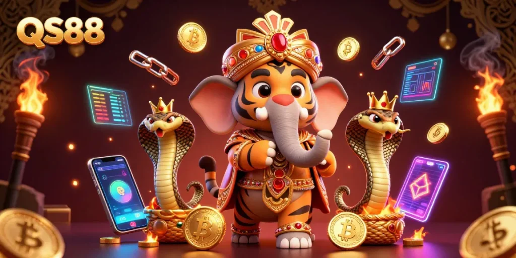 Experience exciting gambling with QS88 featuring a maharaja tiger, jewel-encrusted elements, and crypto coins.