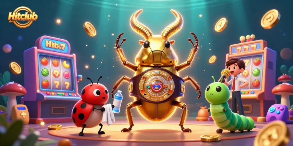 Hitclub showcases a thrilling casino scene with a golden stag beetle and vibrant slot machines.