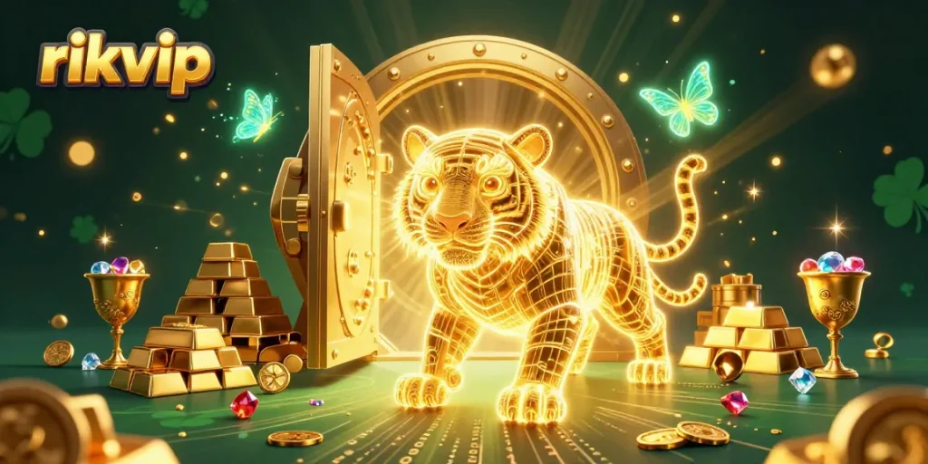Experience thrilling gameplay at rikvip with vibrant casino elements featuring a golden tiger and treasures.
