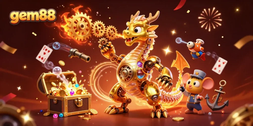 Engage with gem88's vibrant gaming realm featuring a golden dragon and treasure explosion.