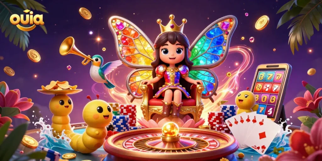Play and win at ouia's vibrant casino scene, featuring a butterfly queen and rolling roulette.