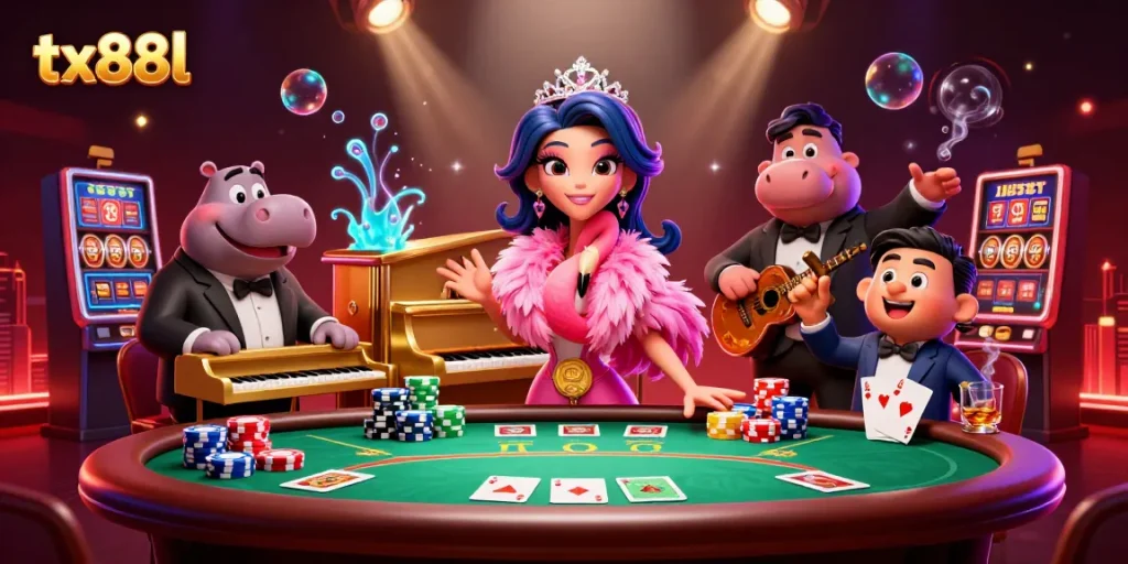 Experience exciting wins at tx88l with vibrant casino characters surrounded by dynamic poker elements.