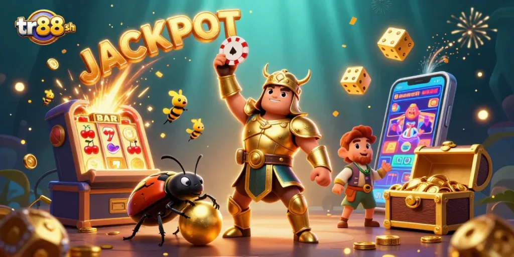 Experience the excitement of tr88 sh with a victory beetle and a golden jackpot explosion in this vibrant casino scene.