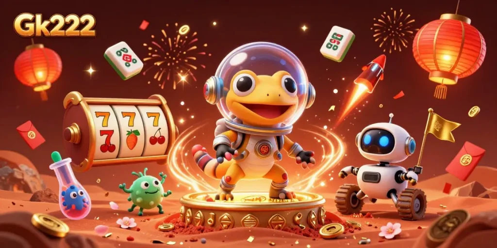 Experience Gk222's thrilling golden casino adventure on Mars with vibrant game symbols and festive elements.