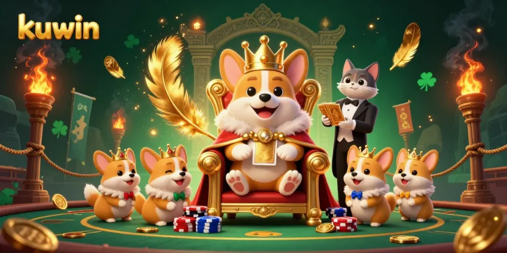Kuwin empowers players to win with golden cards and charming corgi royalty in this vibrant 3D scene.