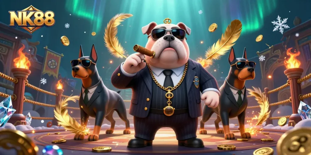NK88's exciting fighting scene showing a cartoon mafia bulldog and Doberman bodyguards amidst gold coins and vibrant visual effects.