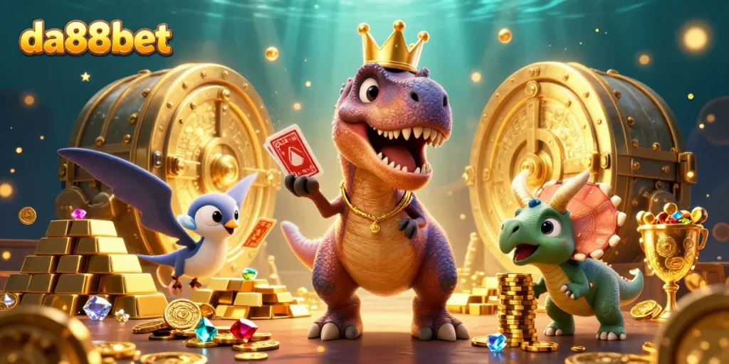 Win big at da88bet with a friendly T-Rex card shuffling in a treasure-filled casino scene.