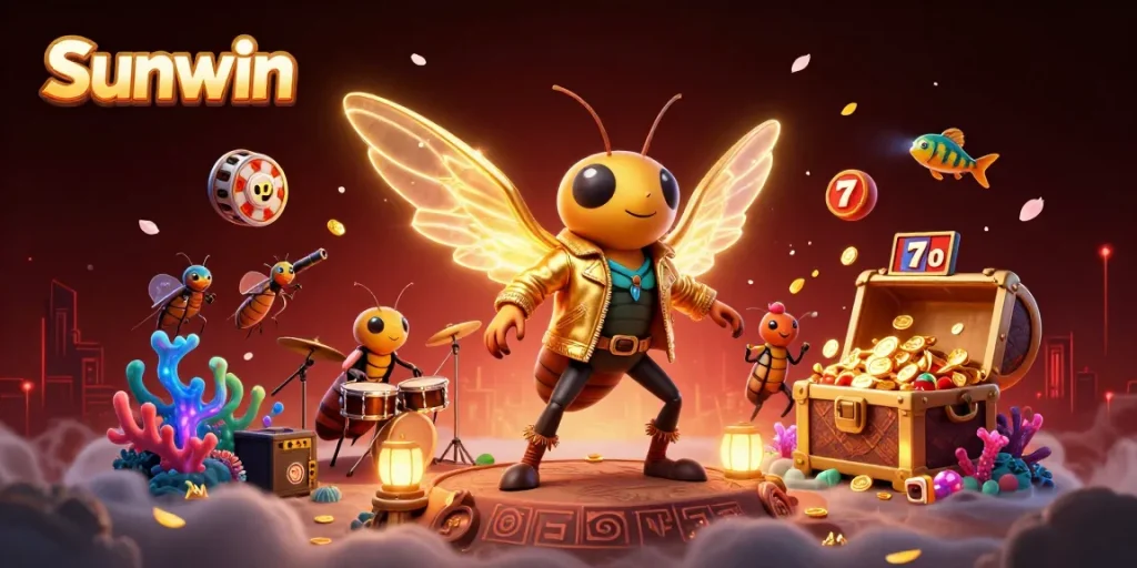 Place bets and win big with Sunwin in this dynamic 3D casino scene featuring vibrant characters and gaming elements.