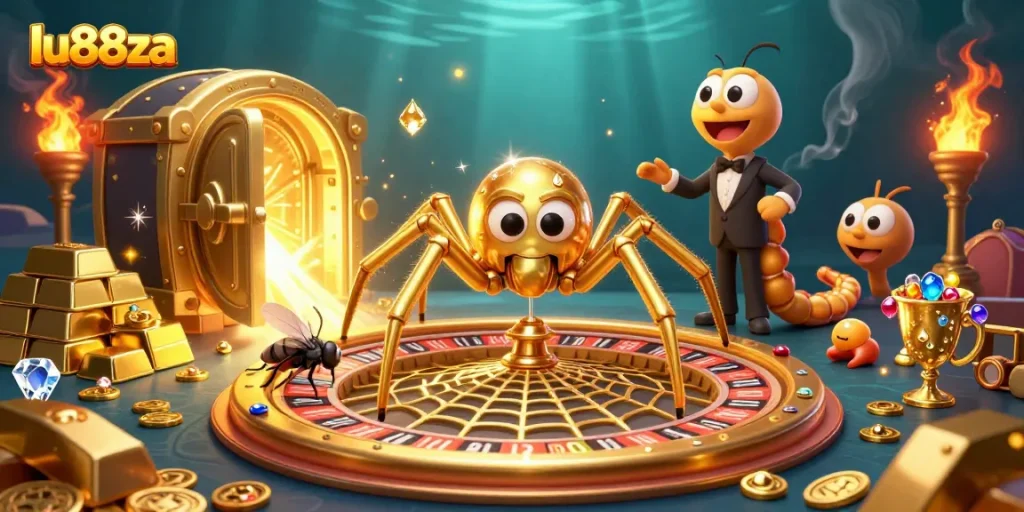 Experience thrilling spins and wins at lu88za casino with vibrant roulette and treasure-filled illustration.