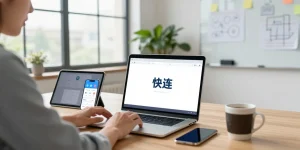 使用快连软件的用户在现代办公环境中享受高速网络体验，桌面上有多种设备和绿色植物。