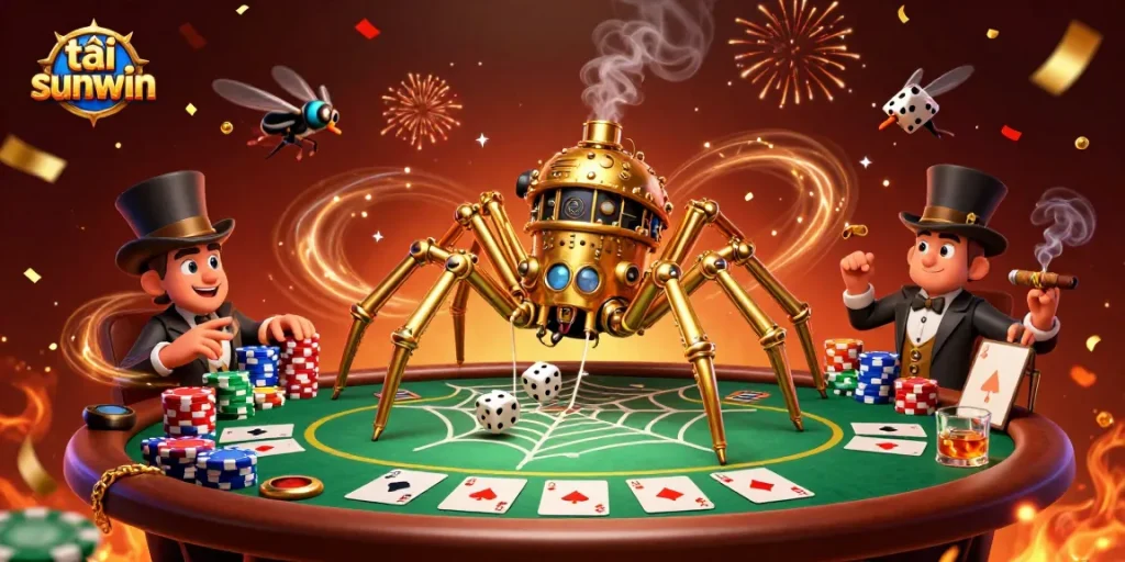 Engage in thrilling gameplay with tải sunwin showcased in a vibrant 3D scene filled with poker elements.