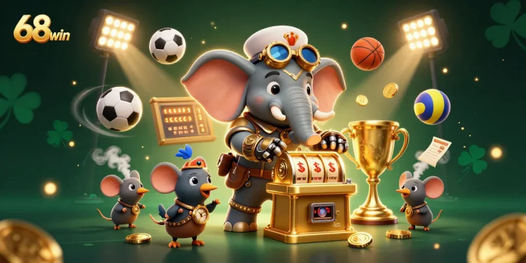 Experience thrilling gaming action at 68win with the steampunk elephant engaging in exciting slot machine play.