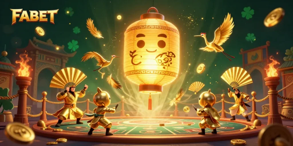 Engage in thrilling betting adventures with FABET's vibrant casino scene featuring lucky symbols and golden elements.