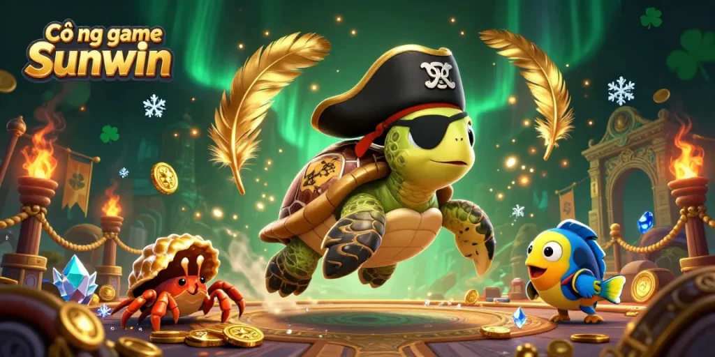 Cổng game Sunwin showcases a lively underwater scene with a pirate turtle and friends surrounded by dynamic gambling elements.