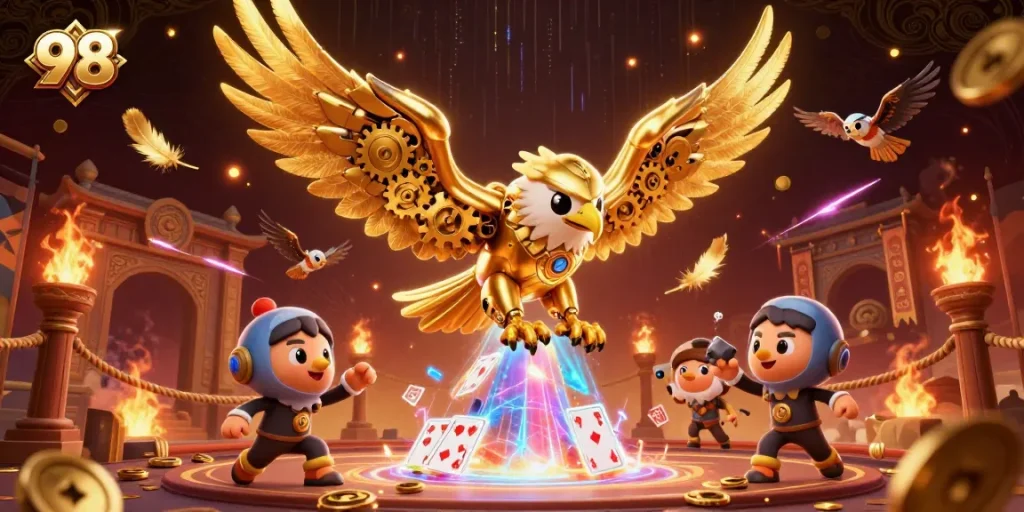 Experience thrilling gameplay with 98's immersive casino elements in a dynamic 3D illustration.