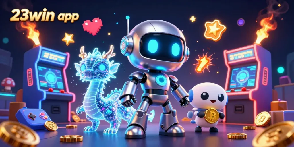 Engage with the 23win app in a vibrant 3D digital casino world featuring exciting game elements and characters.