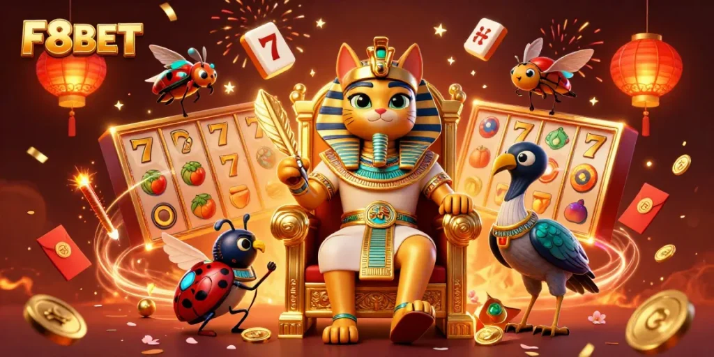 Engage in thrilling casino games like F8BET with a vibrant 3D illustration showcasing jackpot slot elements.