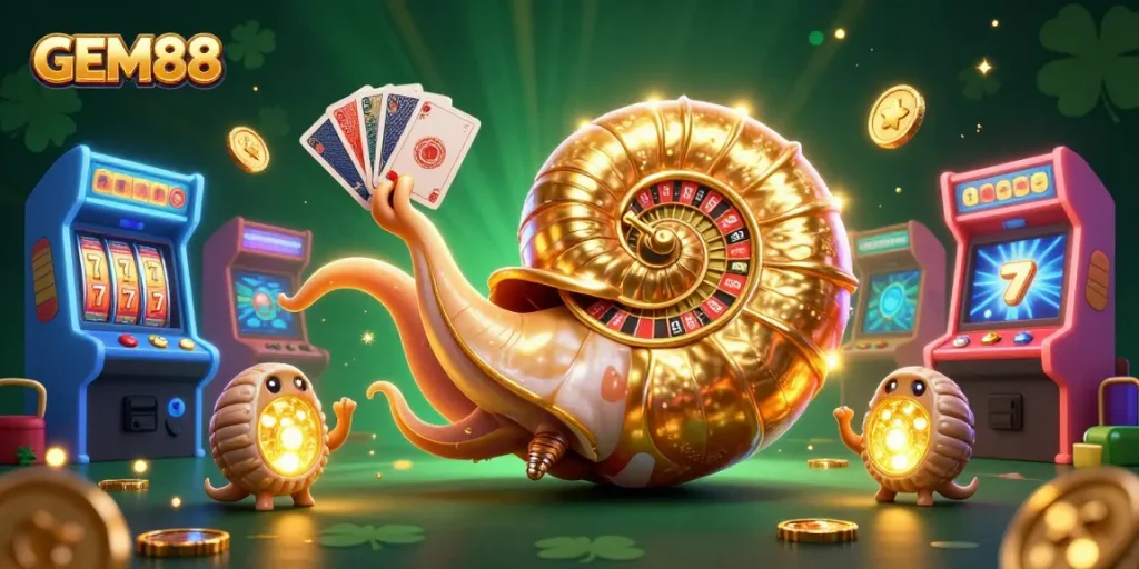 Experience thrilling gaming with GEM88's vibrant casino adventure, featuring a golden roulette shell and glowing elements.