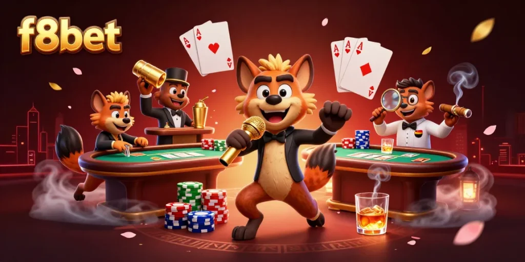 Experience the lively atmosphere of f8bet with hyenas at a comedy casino club featuring poker elements.