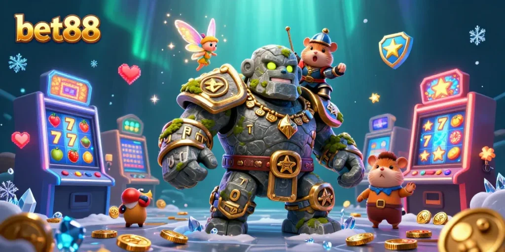 Experience the thrill of bet88 with a vibrant 3D casino scene featuring colorful slot machines.
